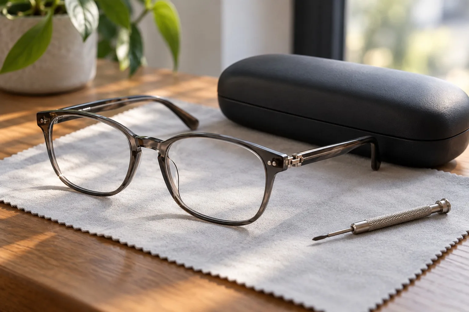 Brille auf einem weichen Tuch neben Etui und Anpassungswerkzeug